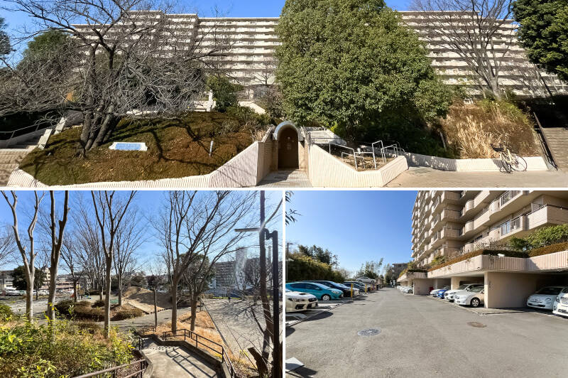 <b>上・</b>たっぷりの緑に抱かれるようにして建つ、全257戸のビッグコミュニティ。／<b>左下・</b>目の前には遊具も充実した「荏田宿公園」。起伏があるので小さなお子さまがよろこびそう！ もちろんペットのお散歩にも。／<b>右下・</b>敷地内の駐車場は2024年12月時点で残念ながら空きなし。他の居住者の方々は近隣で借りている方が多いそうですよ。