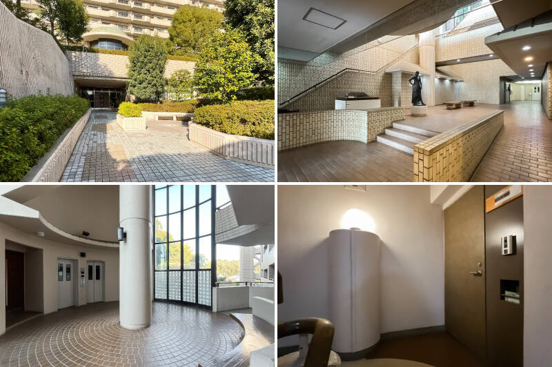 <b>左上・</b>広場のようなアプローチを通って立派なメインエントランスへ。／<b>右上・</b>共用ロビーには巨大な吹き抜け。彫刻が置かれBGMが流れ、さながら美術館です。奥へと進みエレベーターに乗り込みます。／<b>左下・</b>ガラス張りで円柱状の4階エレベーターホール。ベンチが配され、ここでも優雅な気分に浸れます。案内に従い、しばらく共用廊下を進みましょう。／<b>右下・</b>3〜5階の2住戸ごとに階段が割り当てられ、5階に所在する住戸まではワンフロア分上ります。中央に配された照明がまた萌え！