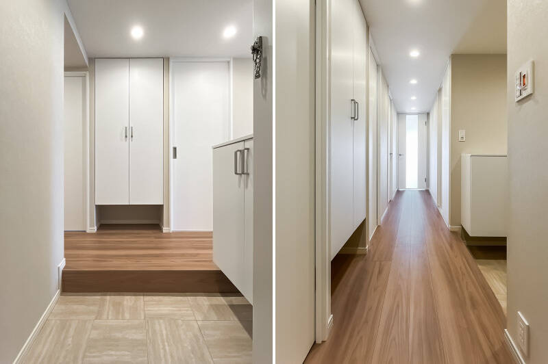 玄関収納は右手と正面の2箇所に用意されています。廊下を右に曲がり、まずは光さすLDKのドアを開けましょう。