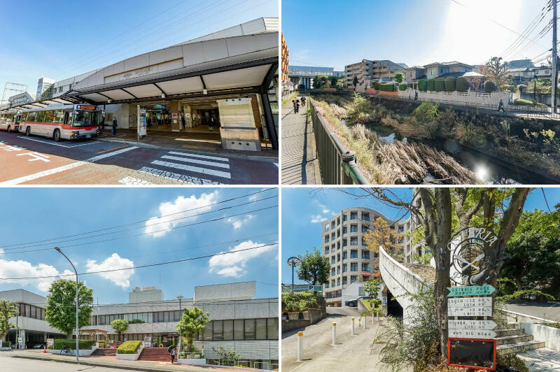 <b>左上・</b>「あざみ野」駅は田園都市線の急行停車駅。（徒歩13分）「二子玉川」駅まで乗車時間10分ちょっと、「渋谷」駅まで乗車時間30分前後で到着可能です。／<b>右上・</b>マンションの近くを流れる「早渕川」。こちらもワンちゃんのお散歩コースにオススメ。（徒歩7分）／<b>左下・</b>駅近くにある「山内図書館」。子ども向けから大人向けまで、様々なイベントも開催しています。（徒歩15分）／<b>右下・</b>駅の反対側ではありますが、イタリアンの「OSTARIA PACE（オステリア パーチェ）」はぜひ訪れていただきたいスポット。お子さまもペットもOKという懐の深いお店です！（3.1km）