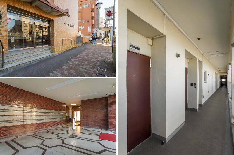 <b>左上・</b>エントランスは階段だけでなくスロープでのアクセスも可能で、バリアフリーにも配慮されている印象。／<b>左下・</b>広々とした共用ロビーは外観と同じくレンガタイル貼りで、レトロな雰囲気がとっても可愛らしい♡ ／<b>右・</b>住戸は9階所在です。