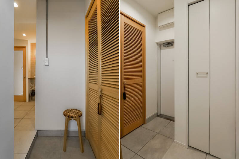 <b>左・</b>床材は、玄関から廊下までタイルで統一されています。右手にあるシューズクロークがルーバーの扉なのもおしゃれ！ ／<b>右・</b>なんと玄関横にはもうひとつ収納が。そして、LDKにアクセスする途中にもウォークインクローゼット（WIC）がありますが、そちらはのちほどご紹介します。