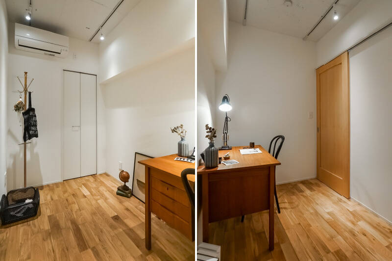 キッチン横に位置するサービスルームは寝室としても使用可能。約3.3帖とコンパクトながら、こちらにも収納が備わっています。