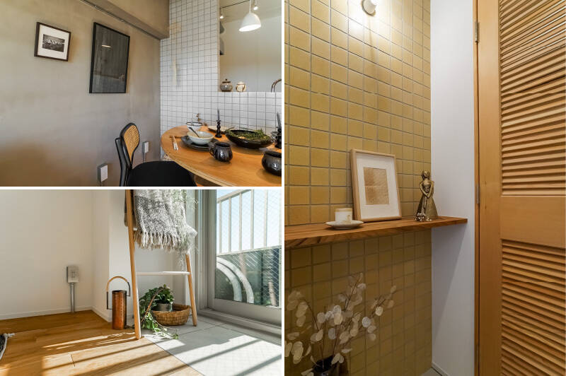 <b>左上・</b>LDKのアクセントになっている塗り壁とタイル。／<b>左下・</b>洋室の窓辺は、床材が塩ビ素材のタイルに切り替わっています。水や傷、汚れにも強いので、グリーンを育てたい方にはおすすめ。日当たりもよいのでぐんぐん大きくなりそう！ ／<b>右・</b>玄関入ってすぐにお出迎えしてくれる廊下のタイル壁。黄色がアクセントになっていて木の飾り棚や扉とも相性◎ 
