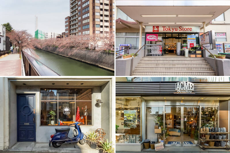 <b>左上・</b>自然を楽しみたい方は目黒川もお忘れなく。春に咲く満開の桜は圧巻です。（徒歩9分）／<b>右上・</b>マンションの1階には「東急ストア」、2階には「100円ショップ」が入っています。買い忘れがあっても安心！ ／<b>左下・</b>徒歩4分の場所に位置するインテリアショップ「Lewis（ルイス）」は、北欧ビンテージ家具専門店です。木を基調にした温かみのあるデザインが特徴です。／<b>右下・</b>アメリカンヴィンテージ好きの方には「ACME Furniture（アクメ ファニチャー）」もおすすめ。 “インテリアストリート” とも呼ばれるこの通りでは、家具選びもはかどります♡ （徒歩6分） 