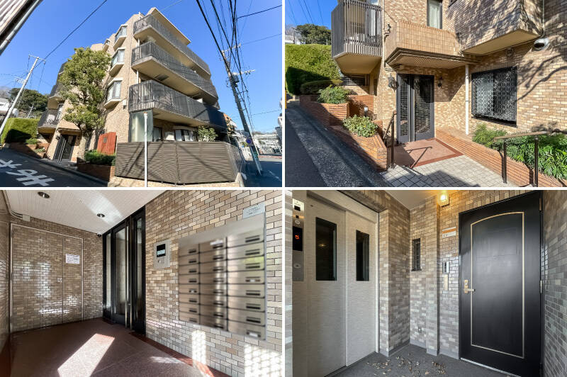 <b>左上・</b>1987年竣工、総戸数23戸。直近の<b>大規模修繕工事は2023年に実施済み</b>です。／<b>右上・</b>エントランスへは、階段を数段下がってアクセスします。／<b>左下・</b>オートロックと防犯カメラを完備。／<b>右下・</b>住戸は5階に所在。エレベーターに近い位置です。