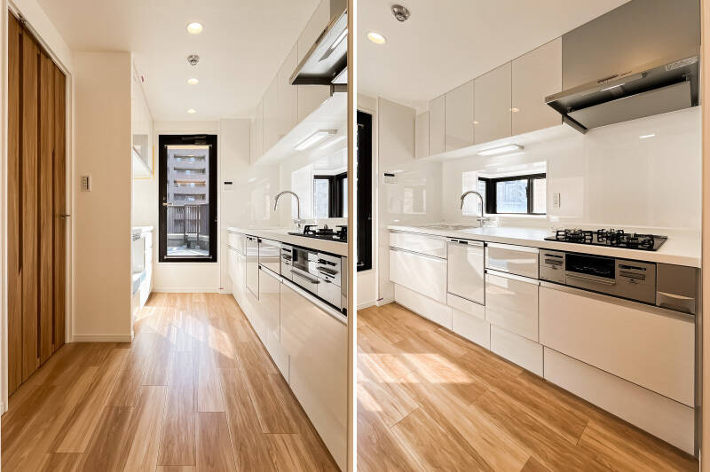 キッチンは、通路側とシンク正面に窓があり、自然光が入る明るい空間。3口ガスコンロ・食洗機を完備。