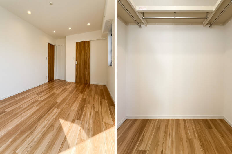 <b>左・</b>大小2つの収納を備えています。／<b>右・</b>ウォークインクローゼットは、枕棚とハンガーパイプを3面に配した、大容量の収納空間です。