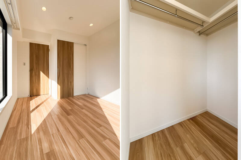 枕棚とハンガーパイプを2面に配した、WIC付き。