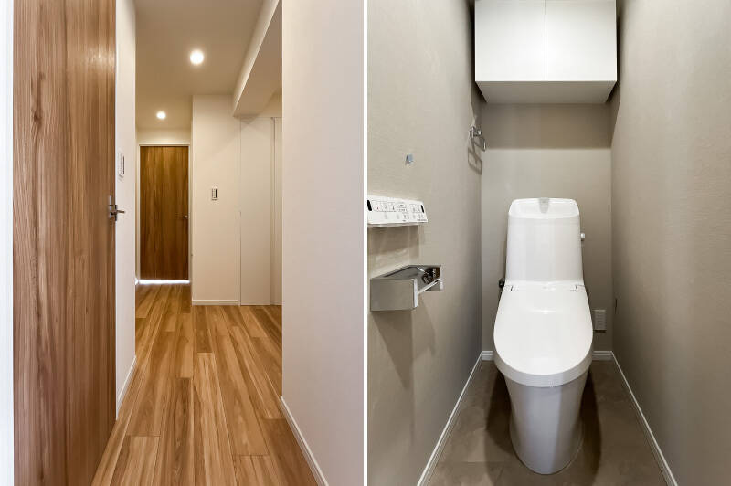 玄関からLDKを通ってアクセスする廊下には、洋室AとB、トイレ、洗濯機置き場、2つの収納スペースが配置されています。