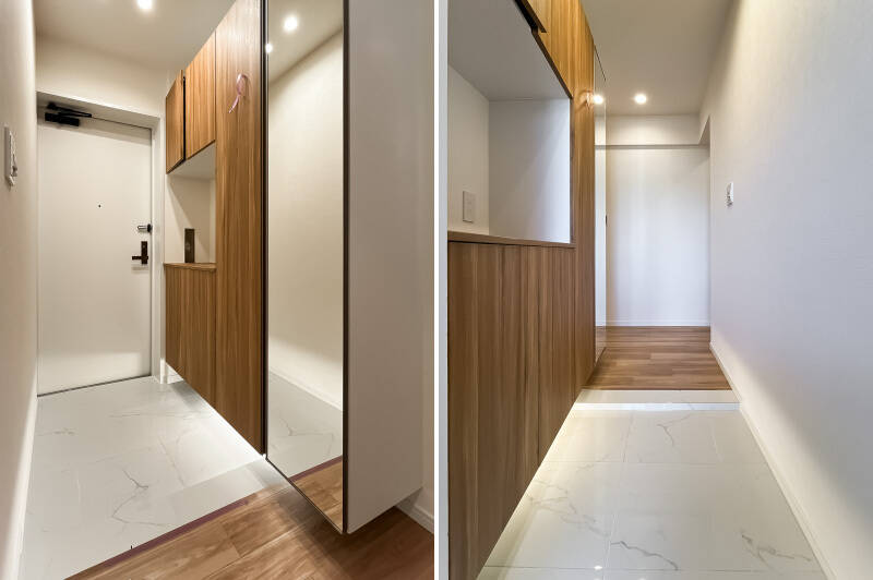 トールサイズのシューズボックスは姿見付きで、お出かけ前の身だしなみチェックに便利。足元を照らす柔らかな間接照明とフロアタイルが、玄関をワンランク上の印象へと引き立てます。