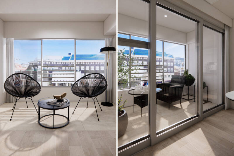 南東向きの窓際ではCGイメージのように、テーブルや椅子を置いて読書やティータイムを楽しむ空間としての利用もおすすめ。窓からは、右側に視線を向けると線路が見えます。