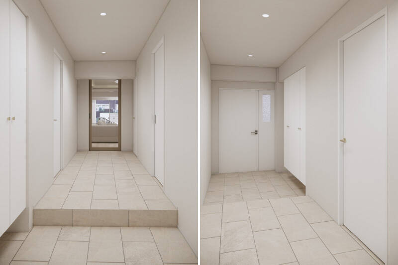 ゆとりある玄関まわりには、トールサイズのシューズボックスを完備。土間と廊下の床はお揃いのタイルで、視線が自然と抜けるデザインです。