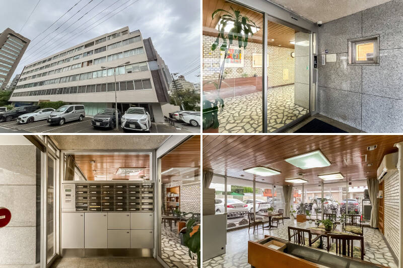 1965年に竣工した、総戸数26戸の建物。板張りの天井とガラス張りが特徴的な応接スペースなど、「古さ」よりも映画のセットのような趣を感じる共用部です。