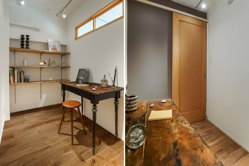 リビング側の壁の上部には小窓があり、わずかな採光や通風を確保できます。コンパクトで物事に集中できそうな居室なので、ワークスペースとして使うのがよさそう。