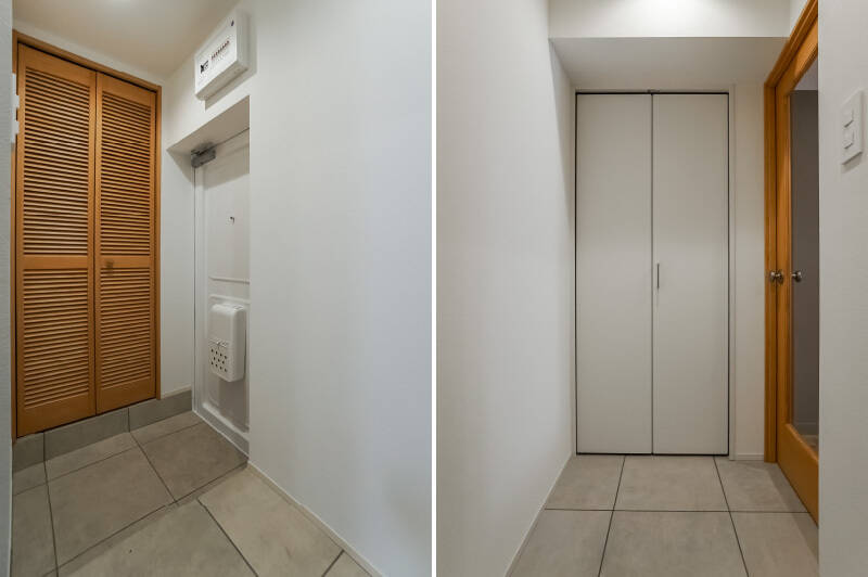 <b>左・</b>ルーバードアの中にはシューズボックスがあります。／<b>右・</b>玄関を上がってすぐ正面にも収納が！中はハンガーパイプつきなので、普段よく着るアウターなどを掛けておくとよさそうです。