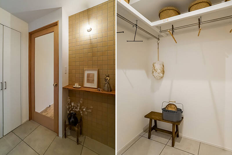 <b>左・</b>左手の扉の中に洗濯機置き場が隠されており、生活感を抑えられます。その対面には……／<b>右・</b>WIC。洗濯機の乾燥機能を利用すれば、そのまま収納まで行えるので、家事動線が効率的です！
