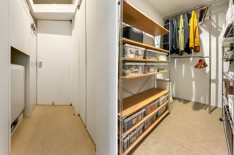 <b>左・</b>左手には洗濯機が収まるスペースが。正面は洗面室の扉です。水まわり周辺の、スケルトンにした天井と新設した天井の間には、大型スーツケース3個を置いても余裕のある収納スペースになっています。右手の扉を開けると……/<b>右・</b>ウォークインクローゼット(WIC)が出現。ハンガーパイプが備わっていて、衣類などを収納可能です。