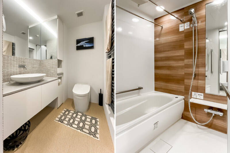 <b>左・</b>洗面室はトイレと一体のホテルのような2in1タイプ。右手にはタオルウォーマーが設置されています。/<b>右・</b>浴室は、浴室乾燥機付きの1418サイズのユニットバス。