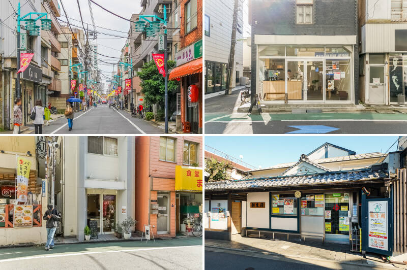 <b>左上・</b>商店が多く立ち並ぶ「旗の台四丁目商店街」（徒歩4分）。「荏原町」駅方面へ7分ほど歩くと「オオゼキ 旗の台店」もあり、とにかくお買い物には困らなそう。／<b>右上・</b>カフェ「COVE COFFEE STAND（コーヴコーヒースタンド）」では、カウンター越しに店員さんとゆっくり会話を楽しみながらコーヒーを楽しめます。（徒歩6分）／<b>左下・</b>「旗の台東口通り商店街」の並びには生花店「Blumenhaus（ブルーメンハウス）」が。自宅に飾る用、またプレゼント用のブーケを気軽にオーダーできます。（徒歩7分）／<b>右下・</b>サウナも揃った銭湯「新生湯」。歩いてかいた汗をさっぱり流して、一日の疲れをリセット。（徒歩8分）