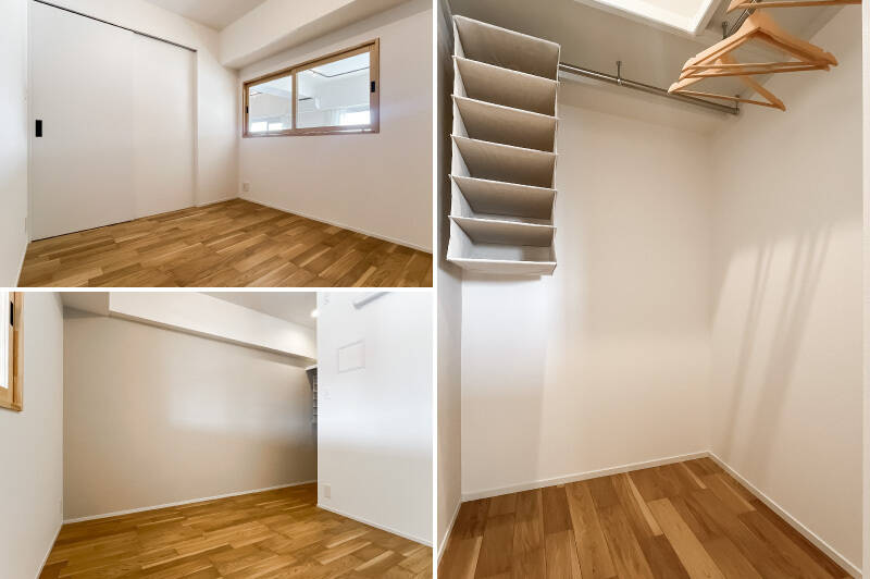 リビング横に面するウォークインクローゼット（WIC）が備わった洋室A。室内窓があり、リビングから光が届きます。窓は開閉できるため、換気も可能ですよ。