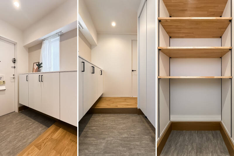 <b>左・</b>玄関にも、北向きの窓が付いていて明るい印象です。下足入れは腰高のワイドサイズ。お子さんでも手が届きそうで、お片付けの習慣が付きそう！ 右手には、クローゼットタイプの収納が。