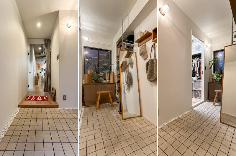 玄関ドアを開けると、タイル敷きの広い土間がお出迎え。ドライエリアに面した窓の手前には奥行きの深いL字の棚があり、そこからサービスルームへと抜けられるようになっています。