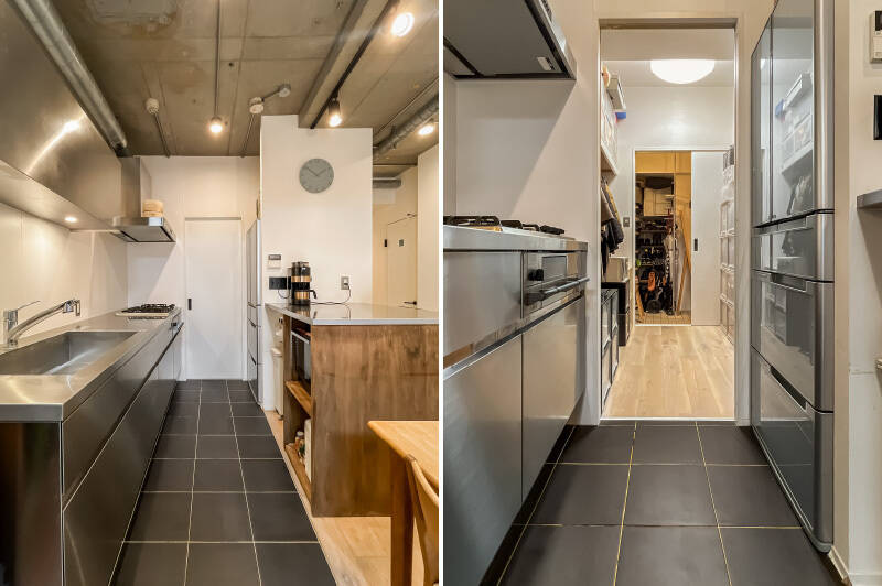 キッチンは、お掃除のしやすいタイル床。カウンター下は電子レンジやゴミ箱が置けるようになっています。突き当たりの引き戸を開けると広い空間が出現!