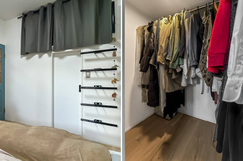 ウォークインクローゼット(WIC・写真右)に加え、天井にも梯子でアクセスする収納スペースが確保されています。天井が高いからこそ成せる技ですね!