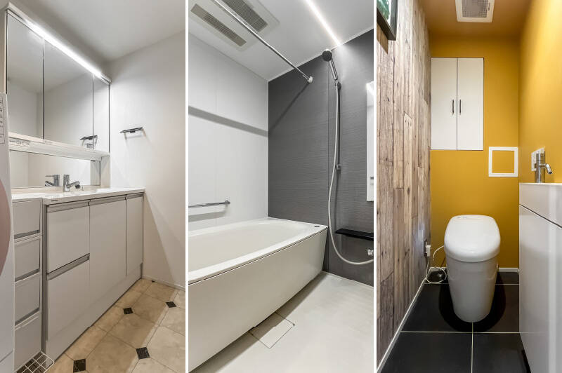 あまりにきれいな状態にふたたびビックリ! トイレはイエローがアクセントで、手洗いボウルも付いています。