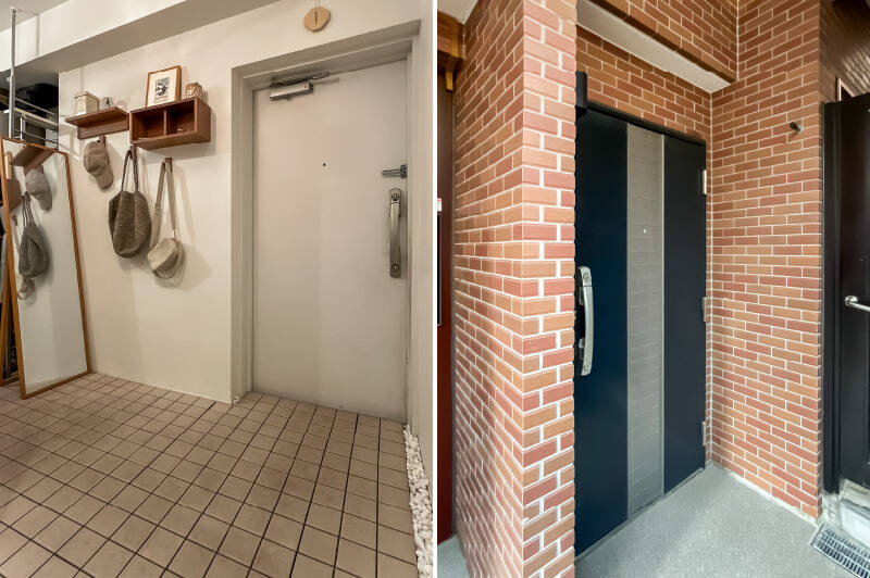 土間の隅には玉砂利が敷かれ、ちょっとしたアクセントに。玄関ドアはエレベーターの真横にありますよ。