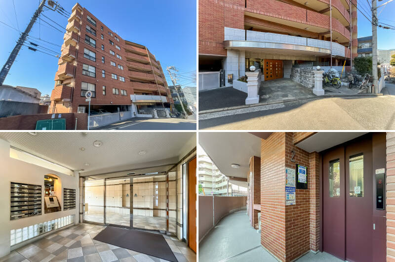 <b>左上・</b>マンションは「掃部山公園」沿いの坂道を上り切った先に建っています。2001年築で新耐震基準を満たしており、総戸数は全29戸。/<b>右上・</b>石造りのアプローチ。/<b>左下・</b>オートロックや宅配ボックスを備えています。管理人さんは週4日、午前中に勤務されています。/<b>右下・</b>エントランスは2階部分にあたります。エレベーターでワンフロア降りれば住戸に到着です!