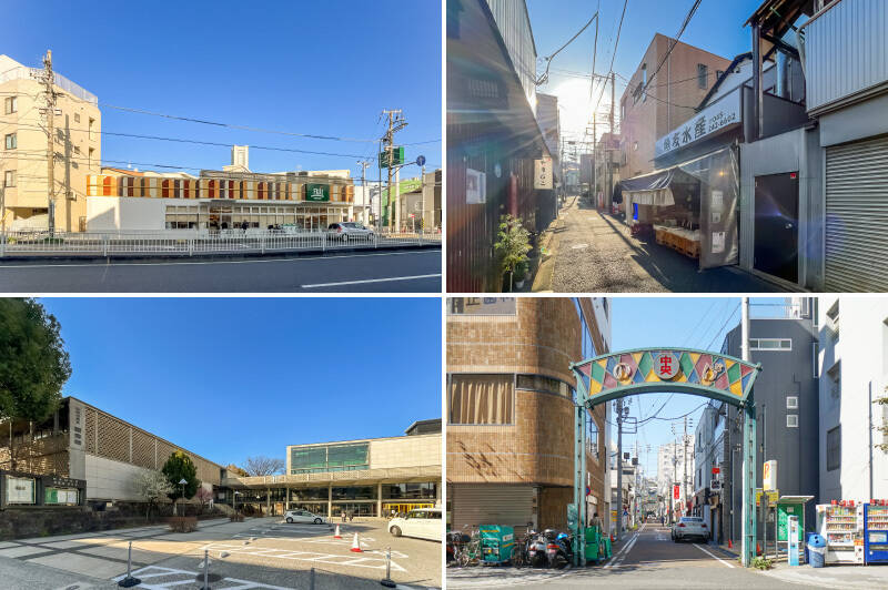 <b>左上・</b>売主さまオススメのスーパー「フジ 伊勢町店」。品揃えが豊富なのだとか!(徒歩6分)/<b>右上・</b>そんなフジの近くにある「魚友水産」では新鮮な海鮮が手に入り、お惣菜も美味しいそう。(徒歩7分)/<b>左下・</b>写真の「神奈川県立図書館」まで徒歩6分。「神奈川県立音楽堂」にも徒歩4分で、お散歩がとても楽しい環境です。/<b>右下・</b>のんべえさんたちのパラダイス「野毛中央通り」にも徒歩13分の距離。うん、酔い覚ましにちょうどいい距離ですね!