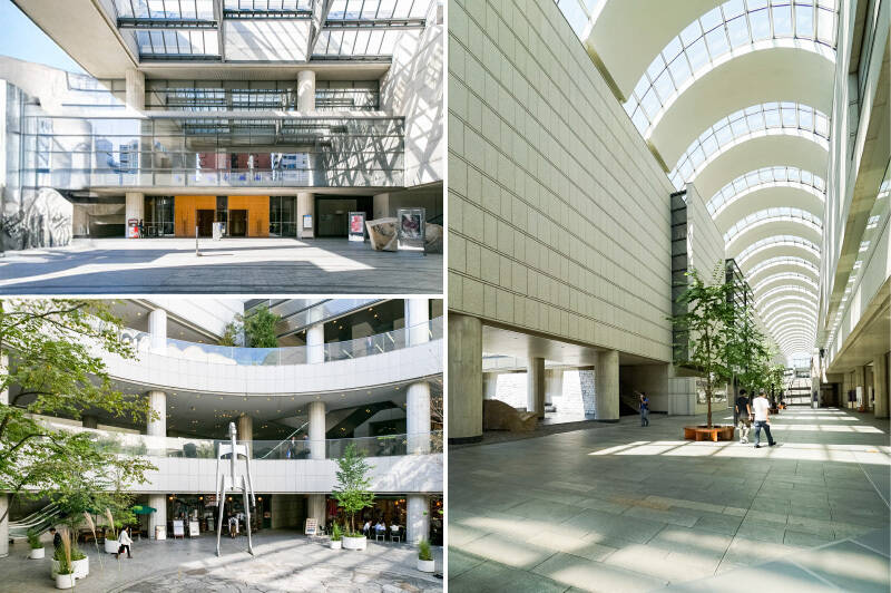 <b>左上・</b>「初台」直結の「新国立劇場」ではバレエやオペラ、演劇など質の高い現代舞台芸術を鑑賞できます。（徒歩10分）／<b>左下・</b>隣接する「東京オペラシティ」はアートギャラリーやスーパー、飲食店などが入る複合文化施設。（徒歩10分）／<b>右・</b>ふたつの施設を結ぶ、開放的なアーケード「ガレリア」は、ベンチに座ってほっと一息つける憩いの場です。（徒歩9分）