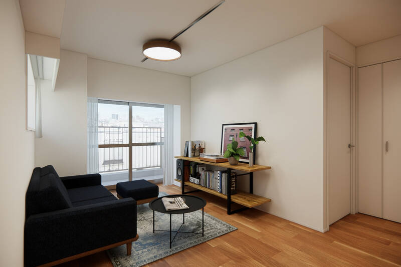 角部屋ならではの南東二面採光で、明るさと開放感をしっかり感じられ、心地よい光が一日を通して室内に差し込みます。2mのソファを置いても余白があり、ゆったりと過ごすことができそうです。