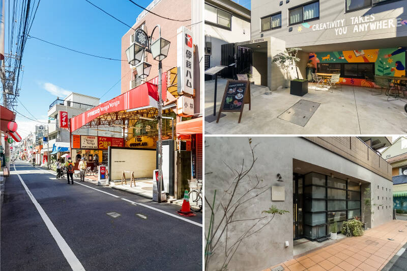 <b>左・</b>マンションへ向かう途中に通る「不動通り商店街」は、下町レトロな雰囲気。地元のお店を中心にスーパーや八百屋さん、おしゃれな飲食店もチラホラ。見どころの多い商店街です。（徒歩4分）／<b>右上・</b>おしゃれなブティックホテルの1階にあるのは「uba COFFEE / the day BAKES（ウバ コーヒー / ザ デイ ベイクス）」。朝8時からオープンしているのでモーニングに寄っておいしいコーヒーと焼き立てパンはいかがですか？（徒歩6分）／<b>右下・</b>「D'ORO HATSUDAI（ドーロ ハツダイ）」は素材に拘ったパスタが絶品なのだとか。誰かが遊びに来てくれた時に、迷わず連れていける場所があるのはうれしい！（徒歩5分）