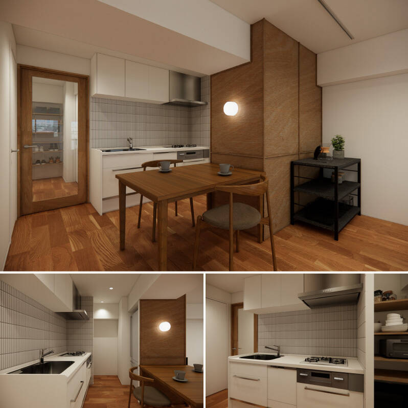 ボーダータイルがアクセントの、白とステンレスを基調としたすっきりとした印象のキッチン。食洗機も完備しています。