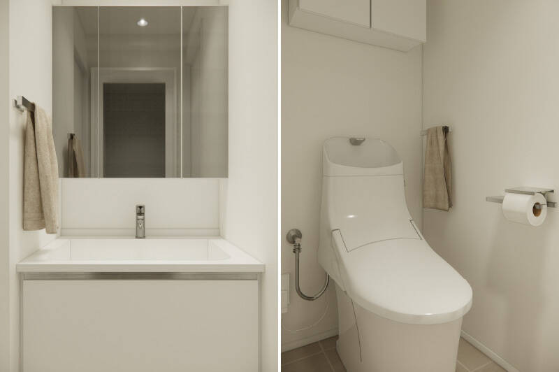 洗面台とトイレはいずれも白を基調としたデザイン。トイレは洗面室からアクセスします。