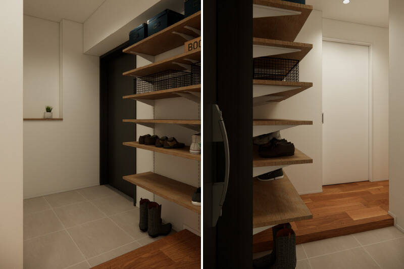 土間スペースにゆとりがあり、住戸の入口が広いため、お部屋全体にもゆったりとした印象が広がります。靴の収納は高さに合わせて調整できる可動棚を採用しています。