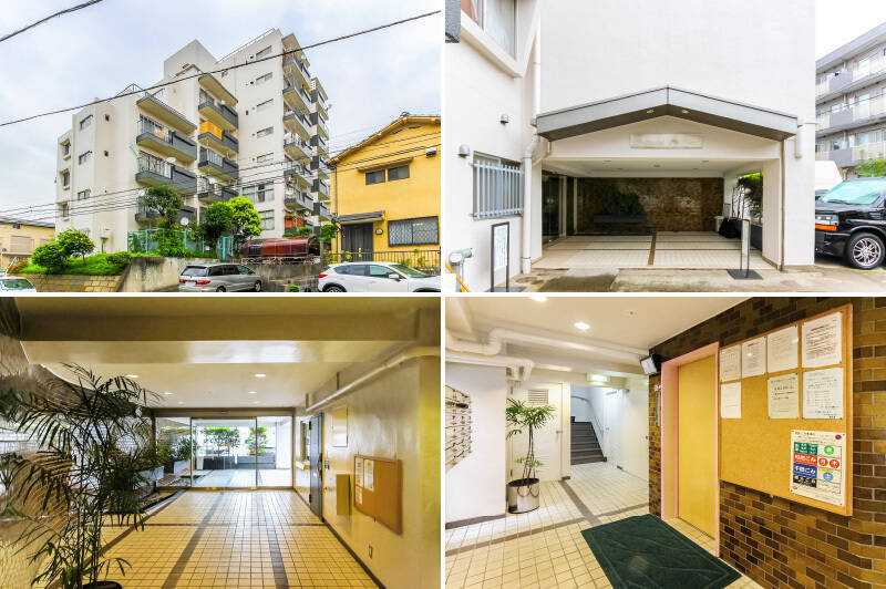 <b>左上・</b>1970年竣工、総戸数46戸。戸建て住宅が多く建ち並ぶ閑静なエリアに建ち「初台」駅からは徒歩10分です。／<b>右上・</b>ゆとりある広さのシンプルなエントランス。／<b>左下・</b>エントランス脇には管理人室があるため防犯面は安心◎ 管理人さんは月・火・木・金と第2土曜日の8:00〜16:00まで勤務されています。／<b>右下・</b>住戸が所在する4階まではエレベーターでどうぞ。