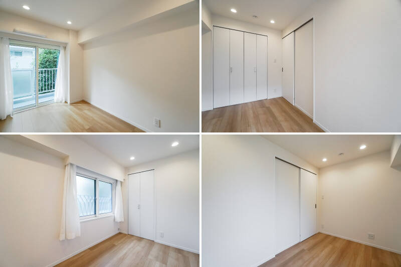 <b>上・</b>洋室Ａは約4.5帖。南西向きバルコニーに面した窓のある明るい空間です。収納は、折れ戸2枚分の幅のクローゼットが備わっています。／<b>下・</b>洋室Ｂは約4.3帖。北西向きの擦りガラスの窓があり、優しい自然光が入ります。こちらにも奥行きたっぷりの収納が備わっており、両室とも収納面に不安はなさそう！