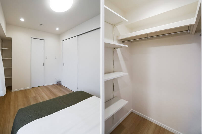 こちらには可動棚付きのオープンシェルフと、奥行きたっぷりのウォークインクローゼット（WIC）が備わっています。WICの内部にも可動棚があるので、効率的に衣類を収納することができそうですね。