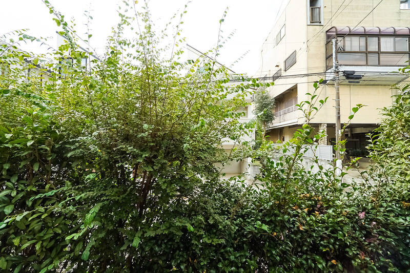 バルコニーからの眺めはこんな感じ。こちらは1階の住戸ですが、全面道路より半フロアほど高い＆生垣の目隠しのおかげで、意外と外からの視線が気にならなさそう。これはラッキーかも！