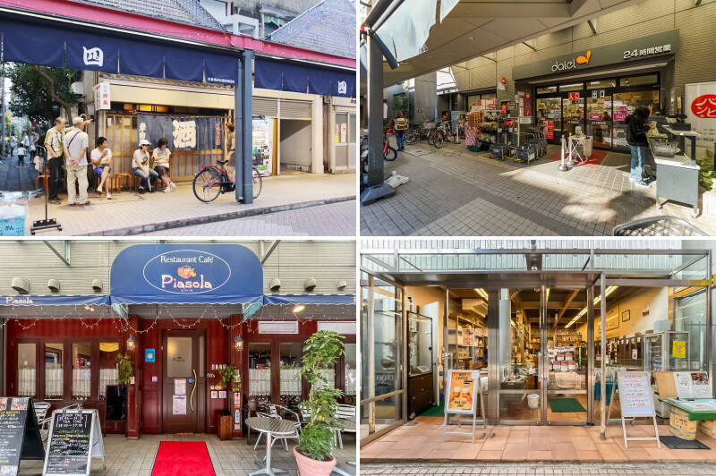 <b>左上・</b>“日本を代表する大衆酒場” との呼び声も高い「酒場 岸田屋」は、西仲通り4番街にあります。16時の開店前には、連日長い長い行列が!(徒歩5分)/<b>右上・</b>エントランスから徒歩2分の距離には、24時間営業のスーパー「ダイエー 月島店」が。冷蔵庫代わりに使える距離ですね(笑)/<b>左下・</b>ダイエーの並びにある古き良き洋食レストラン「ピアソラ」。ランチからディナーまで営業しているのがうれしい。(徒歩2分)/<b>右下・</b>「ライブコーヒー月島店」はコーヒー豆専門店。250円でコーヒーのテイクアウトもできるそう。在宅ワークの気分転換になりますね。(徒歩1分)<br>