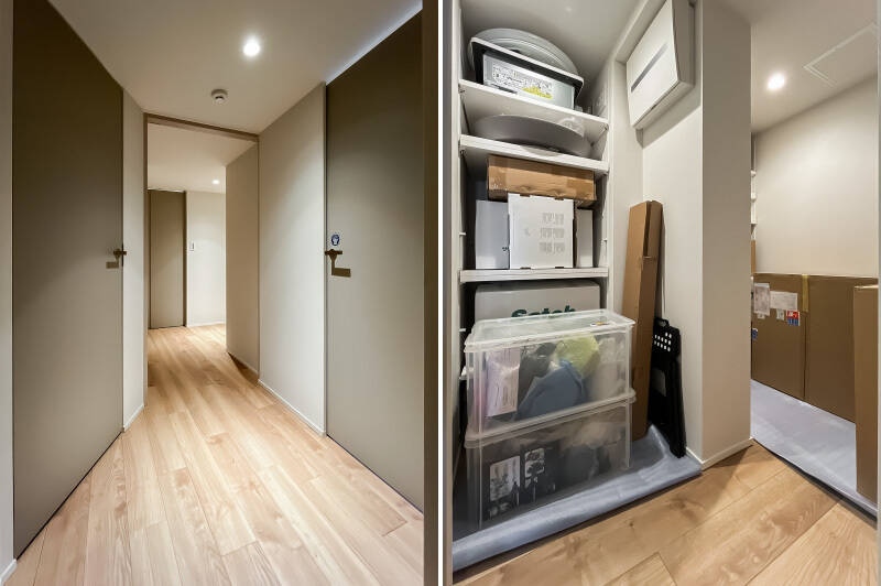 <b>左・</b>片側の壁が斜めに配置され、空間に奥行きを生んでいます。／<b>右・</b>廊下沿いにある納戸。袖壁を挟んで左右に棚が用意されています。