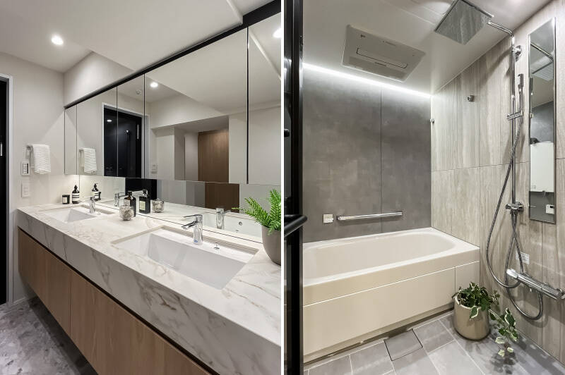 <b>左・</b>ツーボウルの洗面化粧台はキッチンと同じ大理石調のカウンタートップ。／<b>右・</b>オーバーヘッドシャワーが付いたユニットバス（浴室乾燥機完備）。