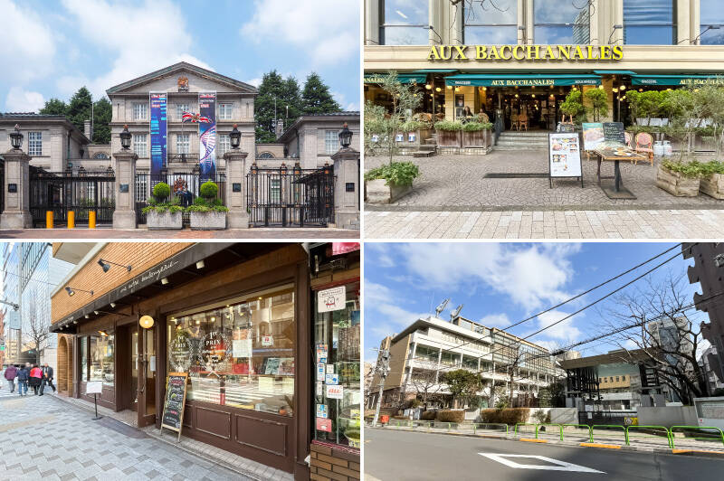 <b>左上・</b>「駐日英国大使館」。前を走る内堀通りは桜の名所としても知られています。（徒歩4分）／<b>右上・</b>少し距離はありますが、「オーバカナル 紀尾井町店」はペット連れOK。休日にお散歩がてら訪れてはいかがでしょうか。（徒歩18分）／<b>左下・</b>パリに本店を構え、バゲットコンクールで優勝した実力を持つブーランジェリー＆パティスリー「Le Grenier a Pain（ル・グルニエ・ア・パン）麹町本店」。こちらが日本1号店です。（徒歩7分）／<b>右下・</b>2026年1月現在学区指定されている「千代田区立 麹町小学校」。区役所出張所や区民館など公共施設が併設されています。（徒歩9分）