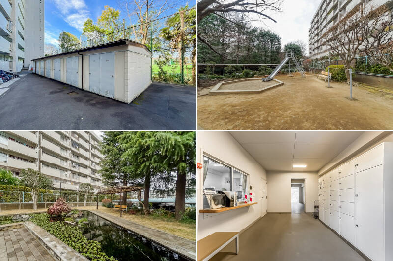 <b>左上・</b>こちらがトランクルーム棟。頼もしい大きさです。/<b>右上・</b>ゆとりある敷地内には子ども用の遊具エリアが。大きな桜の木があり、春の姿には期待できそう。/<b>左下・</b>鯉の泳ぐ中庭。ほか、共同花壇やふたつの集会室も備わっています。共用部の充実ぶりにちょっとびっくり!/<b>右下・</b>時代にあわせて宅配ボックスが設置されているのも好印象♡ 便利に暮らせそうですよ。