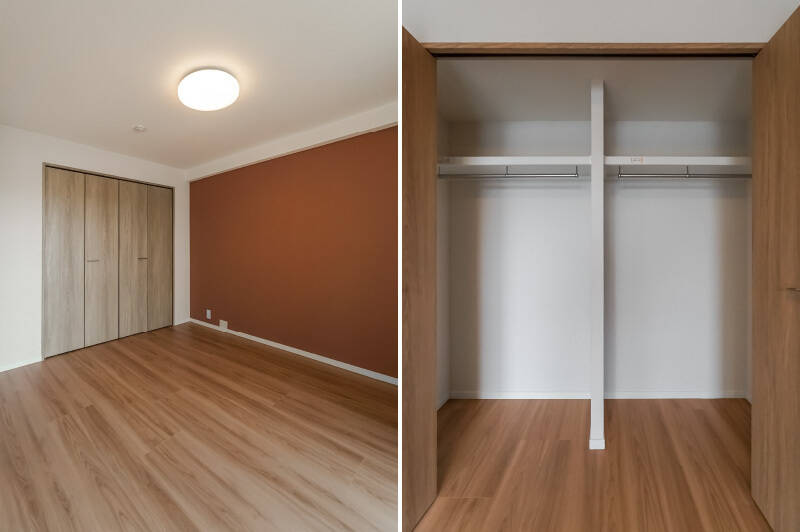 壁の一部にはブラウンのアクセントクロスがあしらわれています。クローゼットは奥行きの深いものが備わっているので、収納面も安心感がありますね。