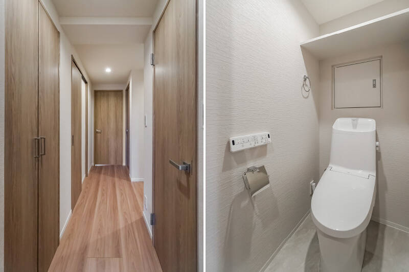 <b>左・</b>LDKを背にしてパシャリ。左から時計まわりに、洗濯機置き場、DEN、洋室B、洋室C。玄関への階段を挟んで、右手前がトイレです。/<b>右・</b>ホワイトで統一されたシンプルなトイレ。